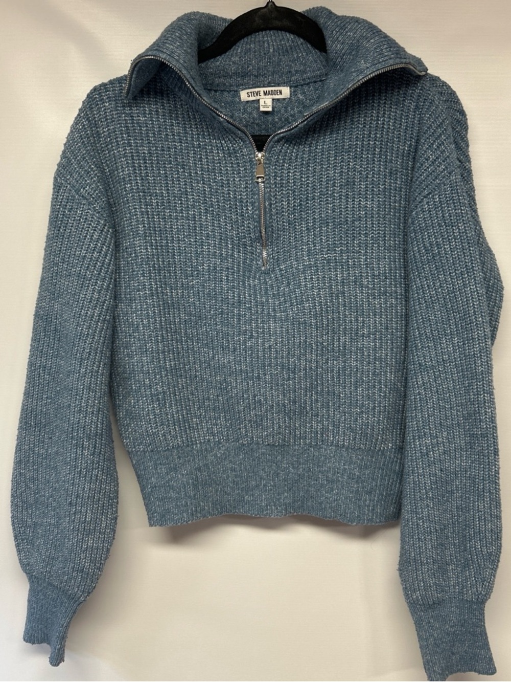 Steve Madden Dusty Blue Half-Zip Cowl Knit Sweater